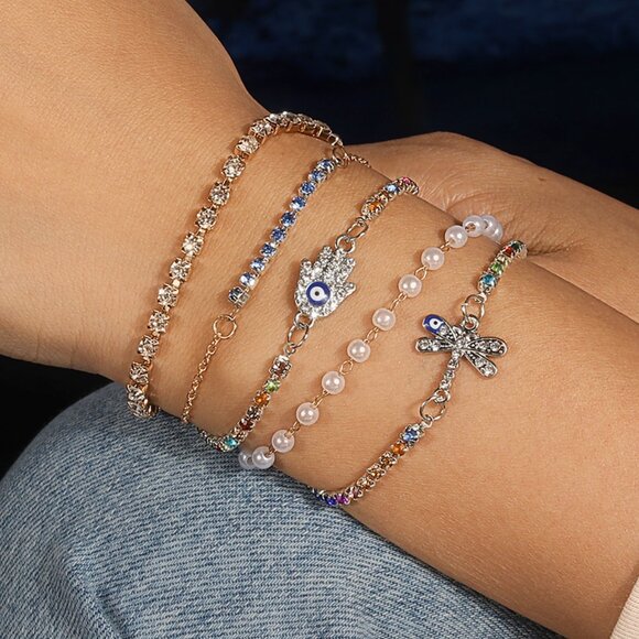 3/$35 5-Piece Charm Bracelet Set Set Evil Eye Dragonfly Pearl Rhinestone Chains - Picture 7 of 8